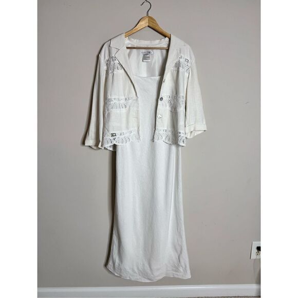 Vintage Plaza south white linen blend midi dress and cardigan sz 12 - Picture 1 of 7